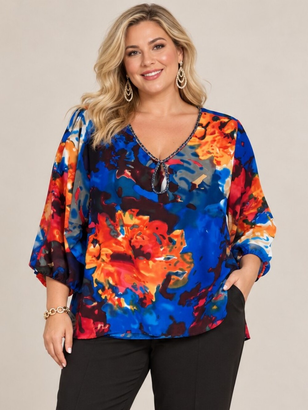 Allen B. By Allen Schwartz Blue and Orange Abstract Floral V-Neck Blouse